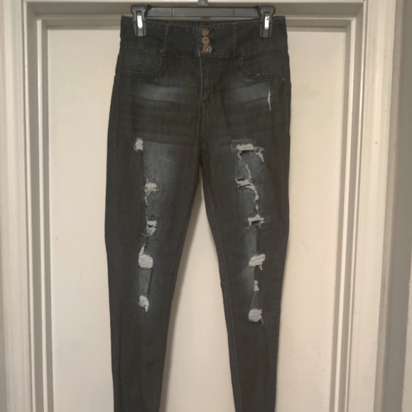 High Rise Blue Denim Destroyed Ripped Jeans - Picture 1 of 4